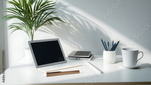 a white table with electronic devices, and a plant,