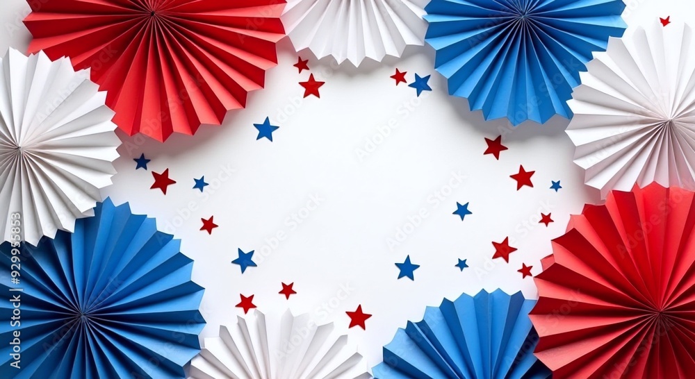 Red, white, blue paper fans, stars confetti, 4th of July, Independence Day, Presidents Day, festive decoration, perfect for banners, commercial use, copy space. Red, white, blue paper fans, stars confetti, 4th of July, Independence Day, Presidents Day, festive decoration, perfect for banners, commercial use, copy space.