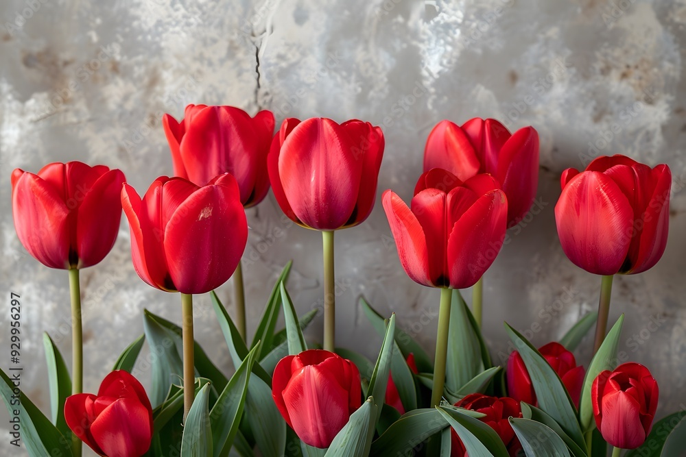 Red Tulip Flowers Against Rustic Gray Background - Perfect for Spring Decor and Floral Designs Red Tulip Flowers Against Rustic Gray Background - Perfect for Spring Decor and Floral Designs
