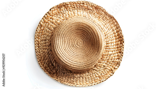 Stylish straw hat isolated on white, top view