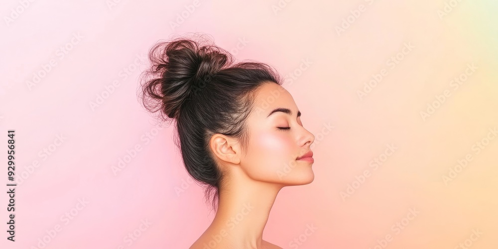 Beautiful woman enjoying skincare with a serene expression and pastel background Beautiful woman enjoying skincare with a serene expression and pastel background