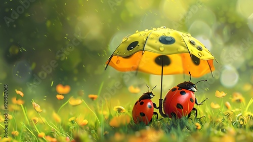 Two ladybugs under a yellow umbrella in a field of green grass and yellow flowers.
