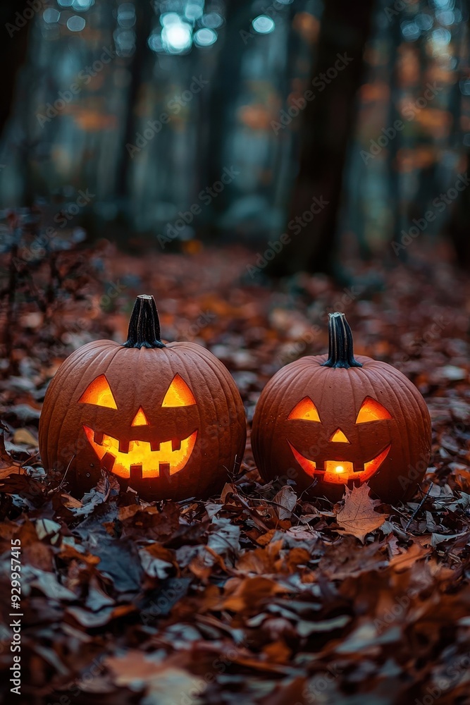 Smiling Jack-O-Lanterns in Autumn Forest Smiling Jack-O-Lanterns in Autumn Forest