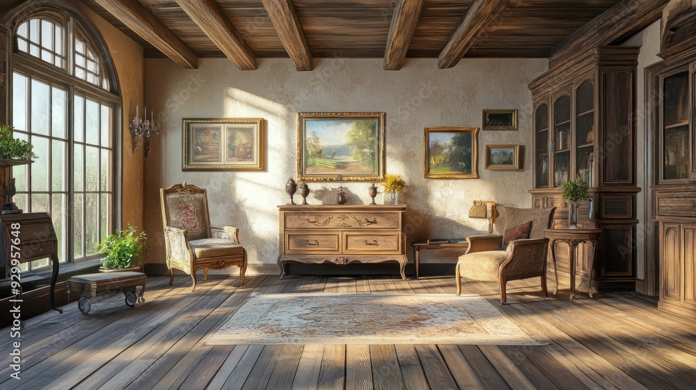 A rustic living room with wooden floors, exposed beams, and antique furniture. A rustic living room with wooden floors, exposed beams, and antique furniture.