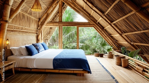 Fototapeta Naklejka Na Ścianę i Meble -  A bed with a blue blanket and white pillows sits in a room with a bamboo ceiling and a view of the jungle.