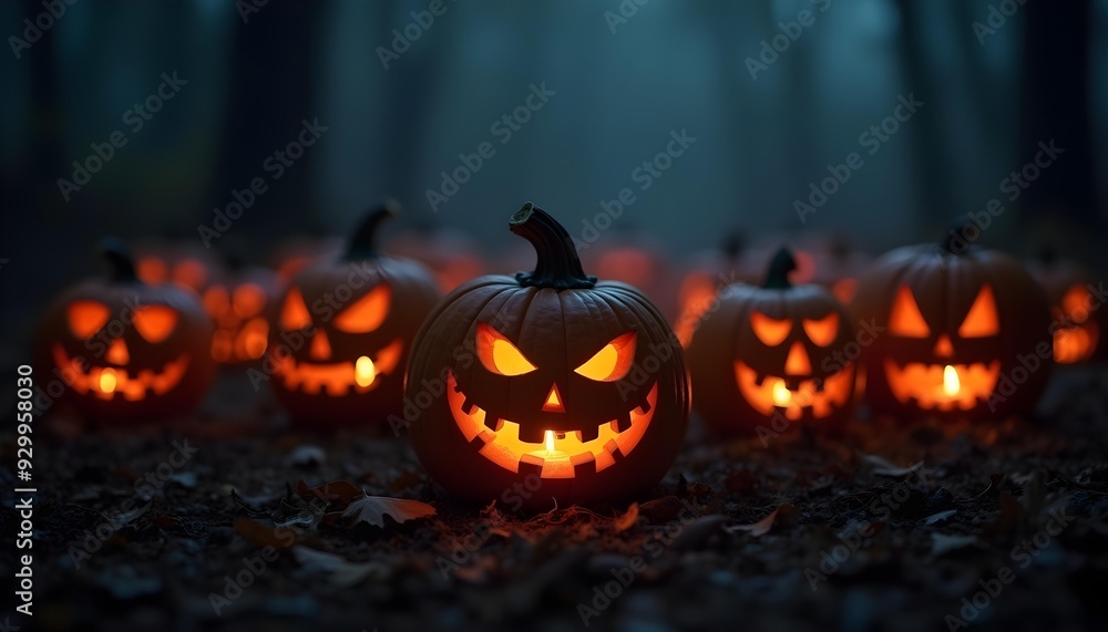 Carved Halloween pumpkins, illuminated from within, placed in a forest with a light fog at twilight. A mysterious and atmospheric scene that perfectly captures the essence of Halloween Carved Halloween pumpkins, illuminated from within, placed in a forest with a light fog at twilight. A mysterious and atmospheric scene that perfectly captures the essence of Halloween