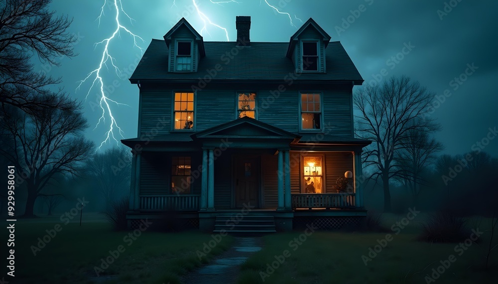 A frightening, old abandoned house surrounded by a storm with lightning and thunder. A dramatic and eerie scene full of flashes and rumblings, perfect for depicting an atmosphere of horror A frightening, old abandoned house surrounded by a storm with lightning and thunder. A dramatic and eerie scene full of flashes and rumblings, perfect for depicting an atmosphere of horror