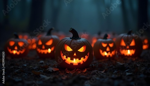 Wallpaper Mural Carved Halloween pumpkins, illuminated from within, placed in a forest with a light fog at twilight. A mysterious and atmospheric scene that perfectly captures the essence of Halloween Torontodigital.ca