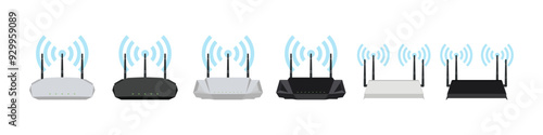 High Speed Dual Band Wireless Wifi Router. Black and White Modem Wi-Fi Router with 6GHz and 5GHz WiFi for Reliable Connectivity. Vector.