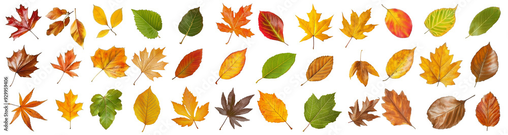Fototapeta premium Collection of vibrant autumn leaves, isolated on white background. Autumn season concept.