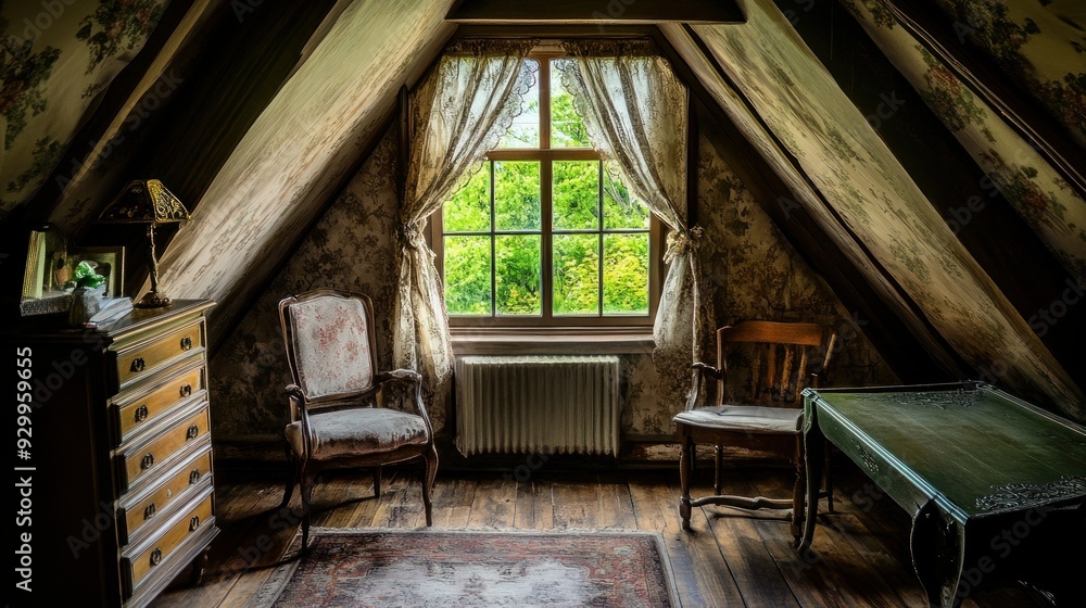 Fototapeta premium A sunlit attic room with a window looking out to green trees and a rug on the wooden floor.
