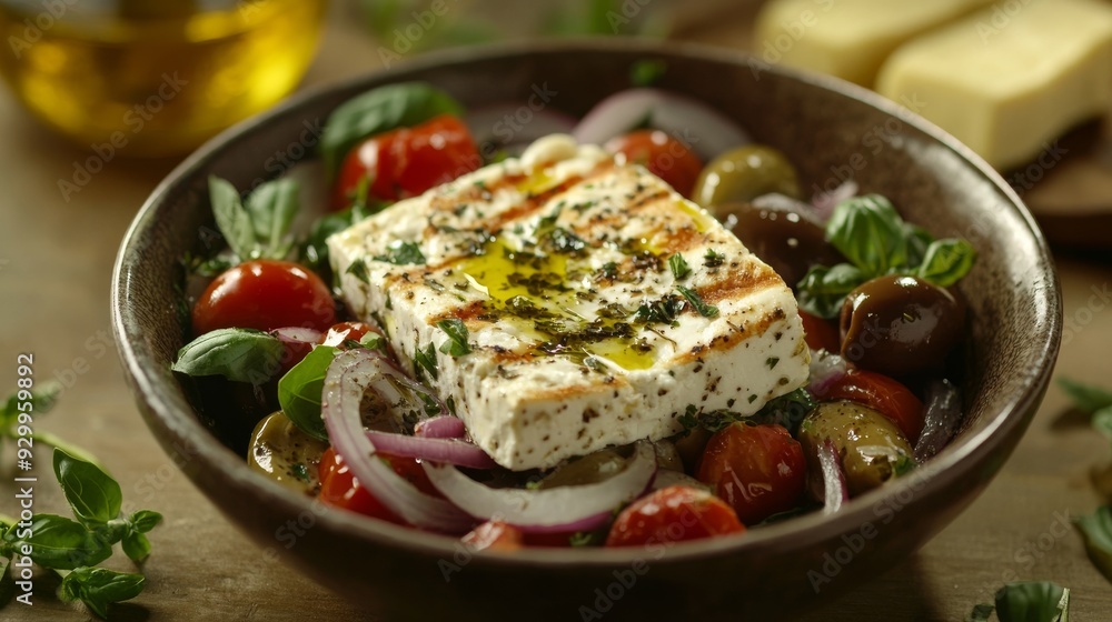 Feta cheese salad with olives, tomatoes, onions, coriander, halloumi cheese, and basil on brown background Feta cheese salad with olives, tomatoes, onions, coriander, halloumi cheese, and basil on brown background