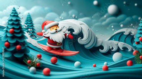 Template card 3d papercuts view of adorable tropical surfing Santa Christmas. photo