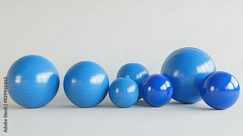 A collection of fitness balls in various sizes, arranged neatly on a white background for a clear visual comparison. A collection of fitness balls in various sizes, arranged neatly on a white background for a clear visual comparison.