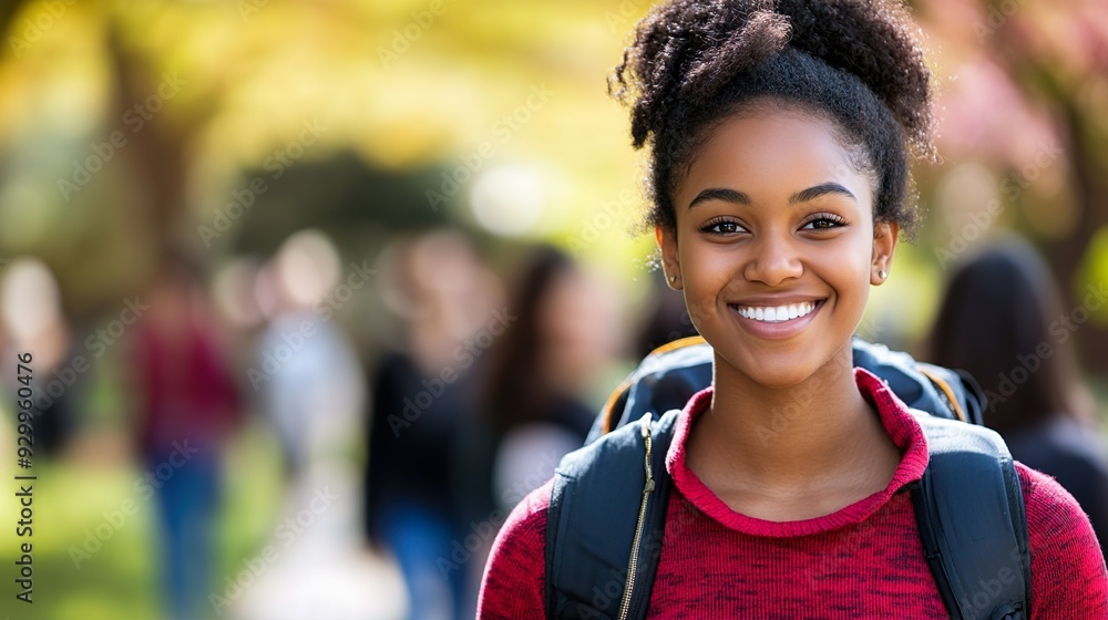 Cheerful African American Student with Backpack Walking on University Pathway Cheerful African American Student with Backpack Walking on University Pathway