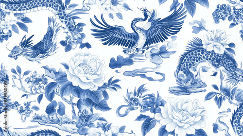 Elegant Blue and White Porcelain Style Pattern with Tigers, Dragons, Cranes and Lotus Flowers