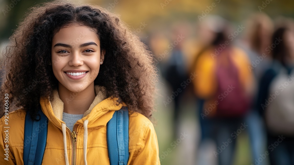 Happy African American Student with Backpack and Scarf Smiling on Campus Happy African American Student with Backpack and Scarf Smiling on Campus