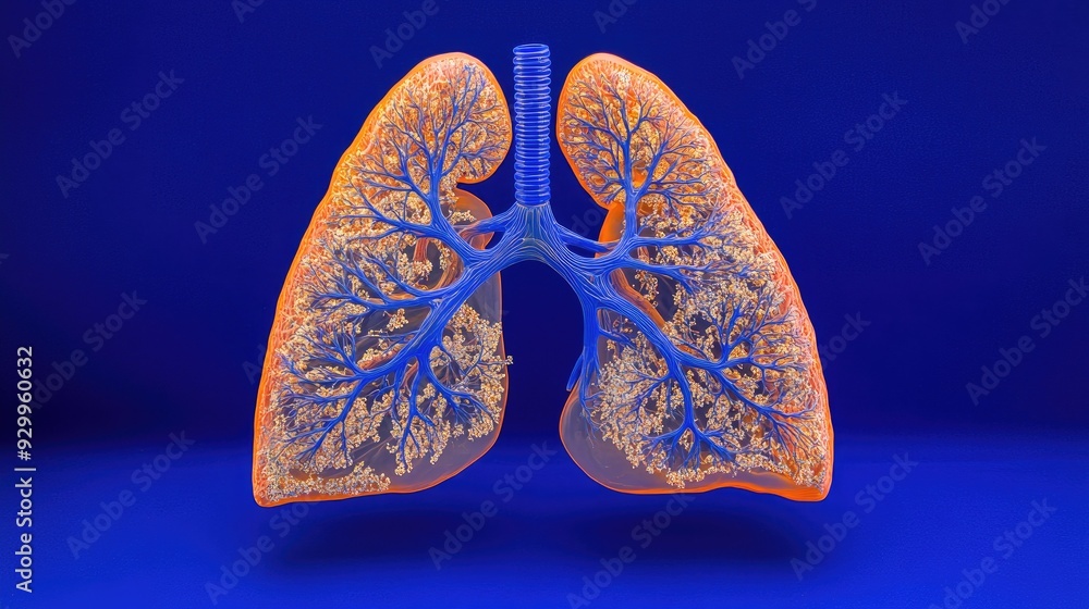 A CT model showing a lung with an orange outline and blue internal gas, set against a blue background for clarity. A CT model showing a lung with an orange outline and blue internal gas, set against a blue background for clarity.