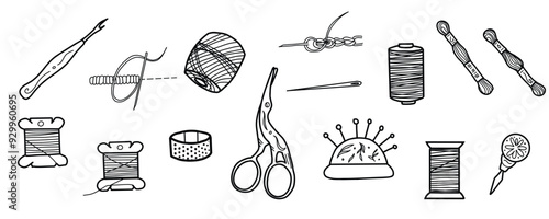 Sewing Set of different Needlework Embroidery Tools. Threads Spools, Needles with Stitches and Thimble, Scissors. Hand drawn Vector illustration of Accessories for Stitching. Tools for seamstress