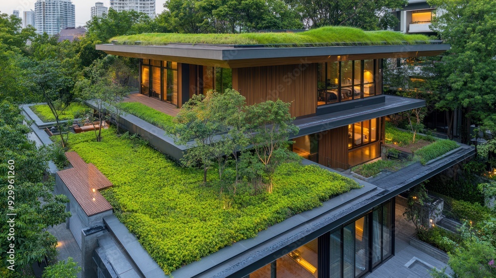 An aerial view of a modern home with a green roof and a lush garden. An aerial view of a modern home with a green roof and a lush garden.