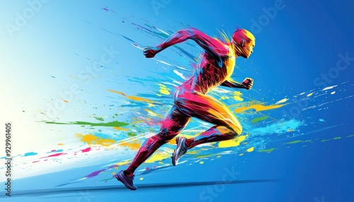 A vibrant and colorful painting depicting a man energetically running on a bright blue background