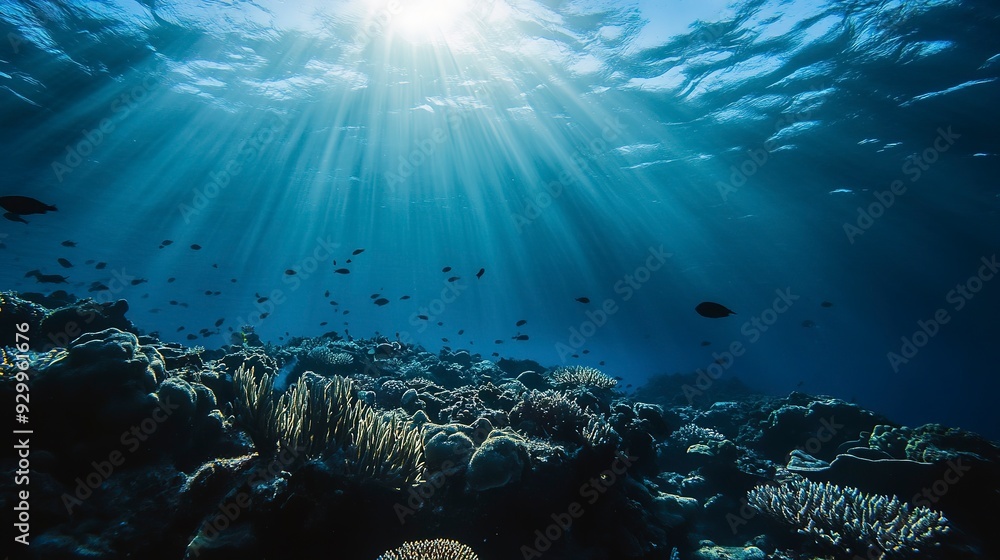Fototapeta premium a saltwater under water sun deep creature exotic tropic reef barrier coral tropical aquatic diversity species animals diving below beneath underwater life marine sea fish blue ocean scuba undersea