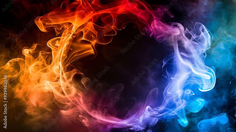 Fototapeta premium Multiple color smoke making a circle at the center, abstract background with black background