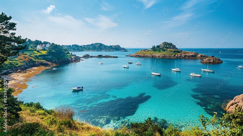 Obraz premium Professional Photo of AZle aux Moines in Perros Guirec, Brittany, France with Copy Space and Selective Focus. Concept Landscape Photography, Travel Destinations, French Landmarks, Scenic Views 