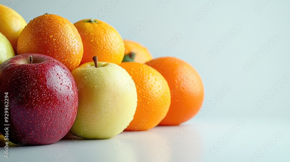 An abstract arrangement of fresh fruits, including apples and oranges, against a clean background with room for text. An abstract arrangement of fresh fruits, including apples and oranges, against a clean background with room for text.