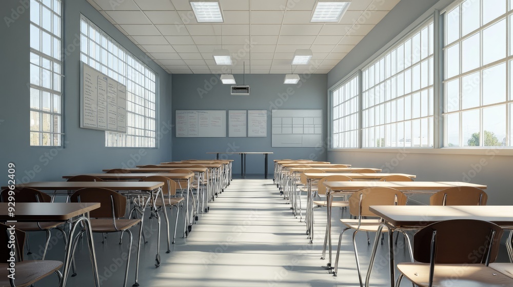 An airy, well-lit side view of an empty classroom, with desks and chairs in order, creating a serene educational environment. An airy, well-lit side view of an empty classroom, with desks and chairs in order, creating a serene educational environment.