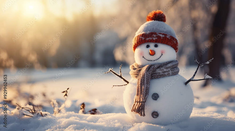 Obraz premium Cute snowman isolated on winter background.
