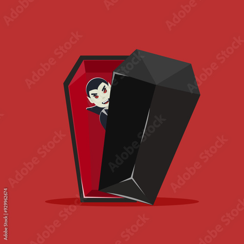 Flat illustration happy halloween, dracula's coffin with dracula character