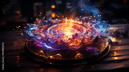 A colorful, glowing orb sits on a wooden table