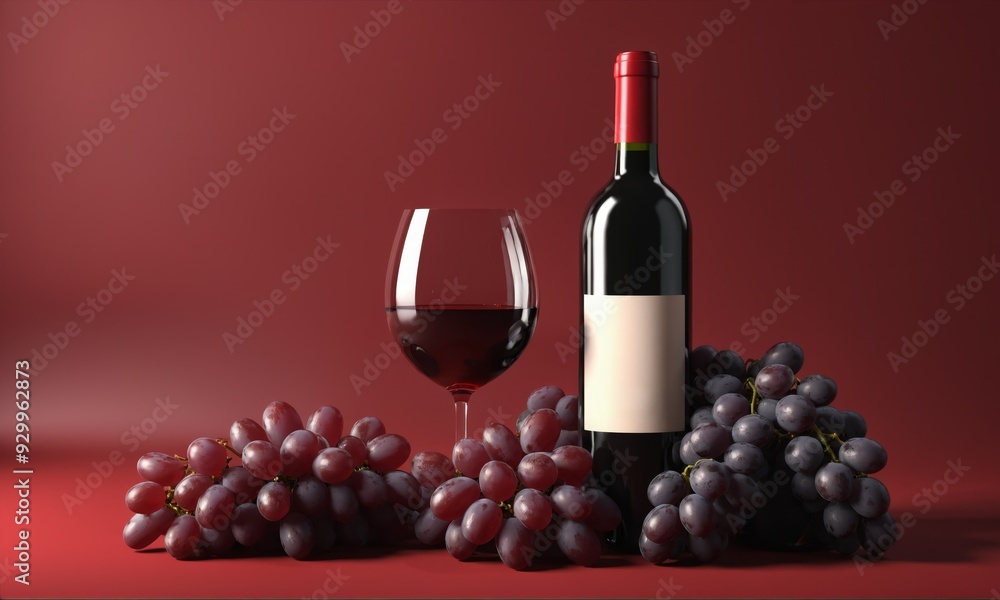 Obraz premium Red wine bottle, glass and grapes on red background