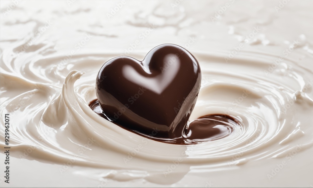 Heart shaped chocolate sinking into white cream Heart shaped chocolate sinking into white cream