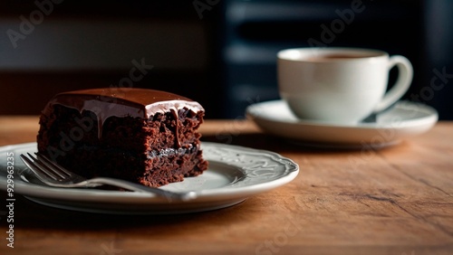 delicious piece of chocolate cake on a plate on kitchen table