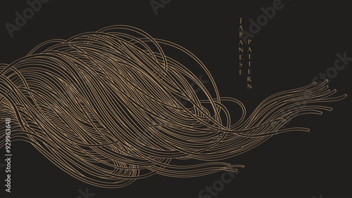 Noodles banner with brown and yellow ramen pattern on black background in vintage style. Wave abstract art illstration. Hand drawn line in elegant style.