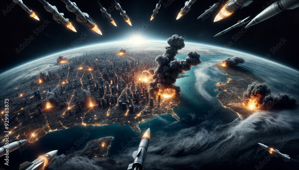 Apocalypse. City under attack by rockets. War and destruction. Dramatic ...