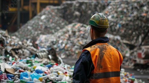 Worker in Safety Gear Stands Near a Mountain of Recycled Plastic