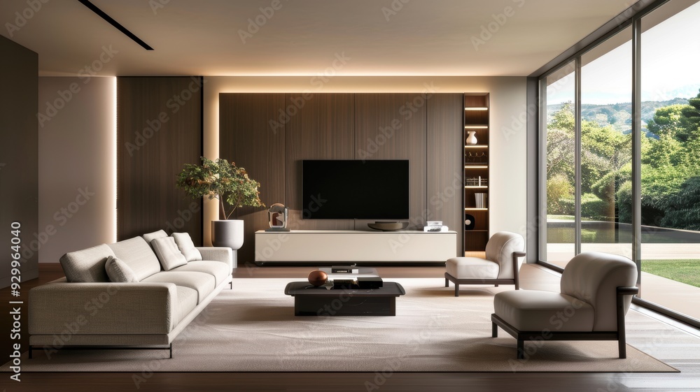 Contemporary living room design featuring modern furniture, warm lighting, and large windows offering a view of greenery outside. Contemporary living room design featuring modern furniture, warm lighting, and large windows offering a view of greenery outside.