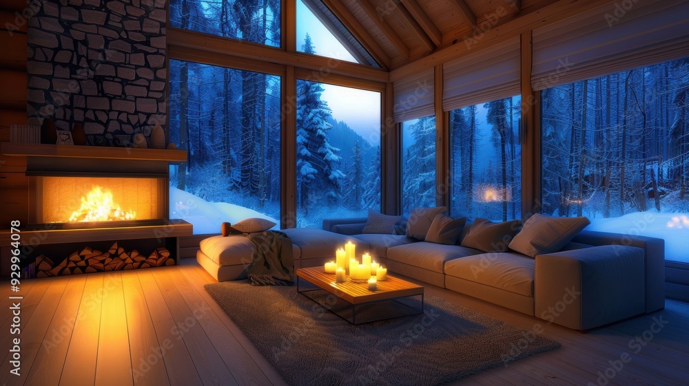Cozy cabin interior with a fireplace, warm lighting, and snow-covered landscape creating a peaceful winter retreat. Cozy cabin interior with a fireplace, warm lighting, and snow-covered landscape creating a peaceful winter retreat.