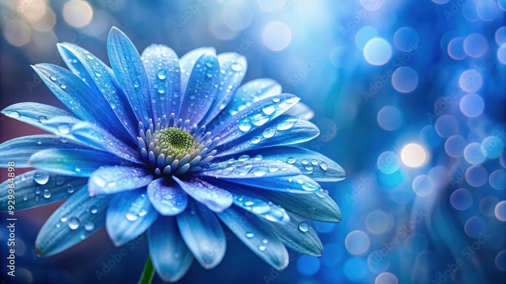 Obraz premium Blue flower with dew drops on petals against blurred background, blue, flower, drops, background, nature, beauty, vibrant, fresh