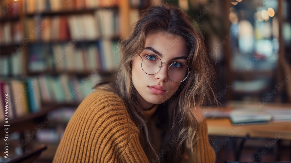 Thoughtful Woman in Cozy Library Thoughtful Woman in Cozy Library