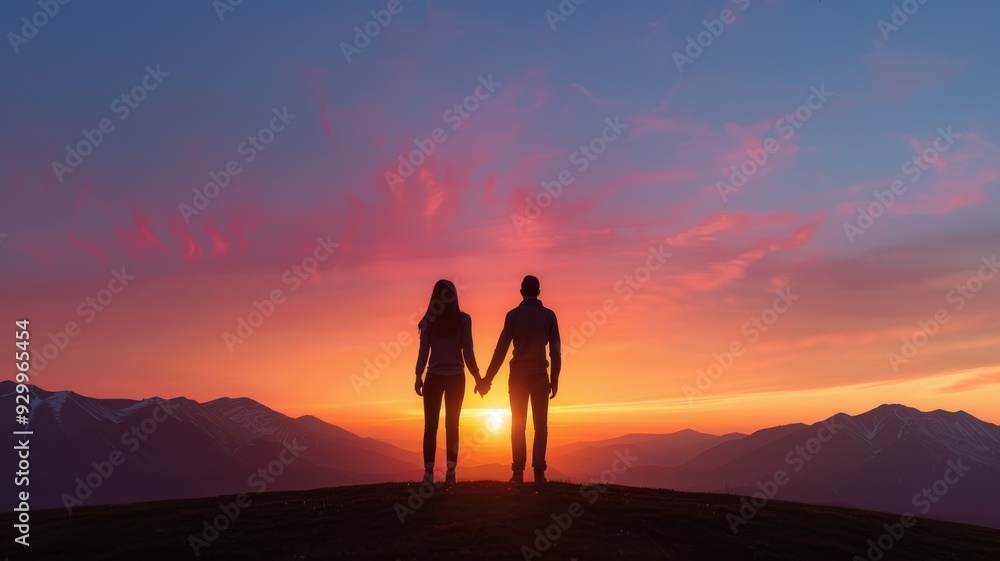 A romantic couple holding hands against a stunning sunset backdrop, symbolizing love and connection in nature.