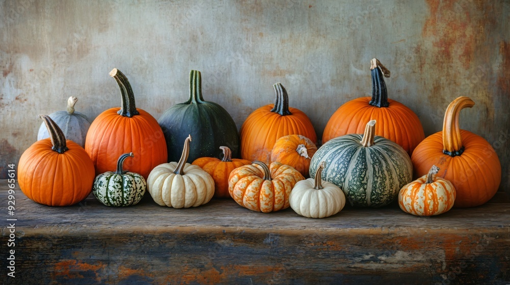 Pumpkins and Gourds Artfully Arranged on a Rustic Wooden Table Pumpkins and Gourds Artfully Arranged on a Rustic Wooden Table