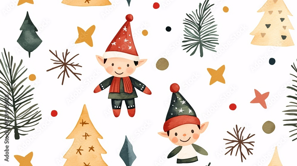 Merry Christmas Elf Pattern: A whimsical watercolor pattern featuring adorable elves, Christmas trees, and festive accents, perfect for adding a touch of holiday cheer to your designs. Merry Christmas Elf Pattern: A whimsical watercolor pattern featuring adorable elves, Christmas trees, and festive accents, perfect for adding a touch of holiday cheer to your designs.