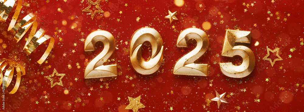 Happy New Year 2025 Banner,New Year's Card.Red and Gold Color Background.