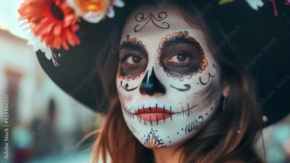 beautiful young woman with intricate day of the dead face paint wearing large hat decorated with flowers festival holiday celebration smooth cinematic video beautiful young woman with intricate day of the dead face paint wearing large hat decorated with flowers festival holiday celebration smooth cinematic video