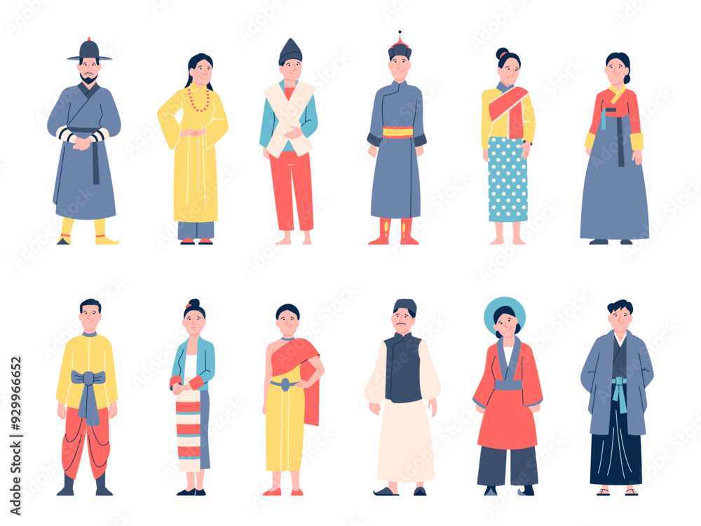 Asian characters. People in traditional outfits, chinese korean japanese clothes style. Male female from asia, national ethnic recent vector characters Asian characters. People in traditional outfits, chinese korean japanese clothes style. Male female from asia, national ethnic recent vector characters