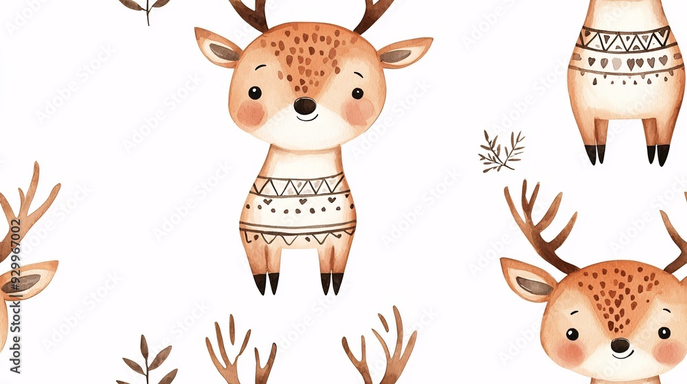Obraz premium Woodland Charm: Adorable watercolor deer in cozy sweaters bring whimsical charm to this seamless pattern, perfect for wintery and festive designs. 